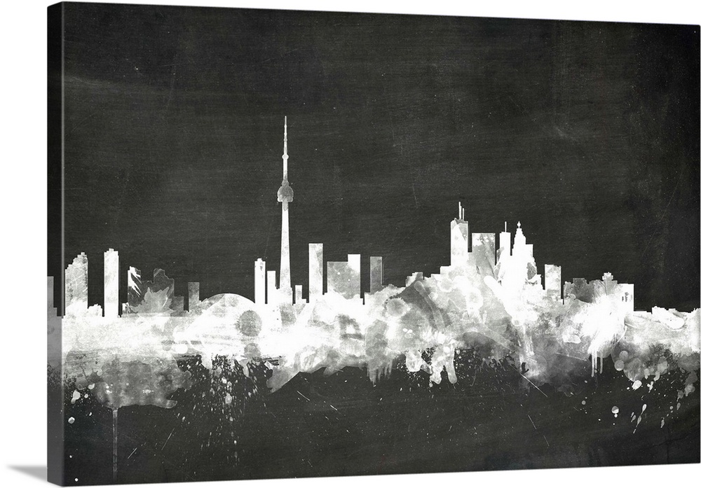 Smokey dark watercolor silhouette of the Toronto city skyline against chalkboard background.