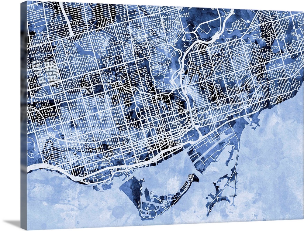 Contemporary watercolor city street map of Toronto.