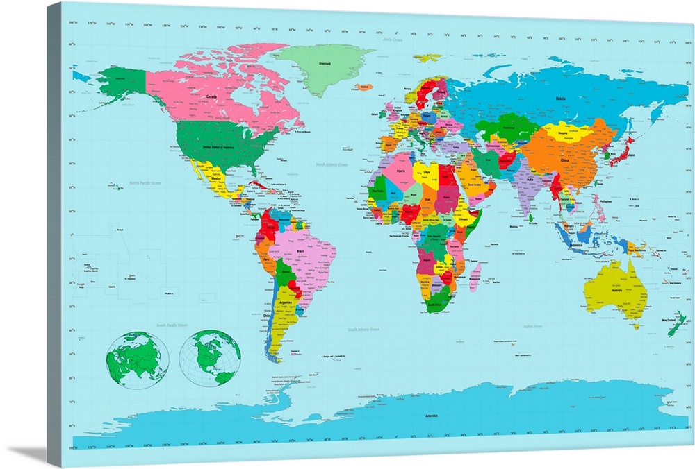 Large, horizontal wall hanging of the world map on a solid blue background.
