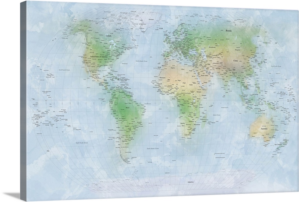 Traditional world map with countries, cities, and oceans labeled with topography colors.
