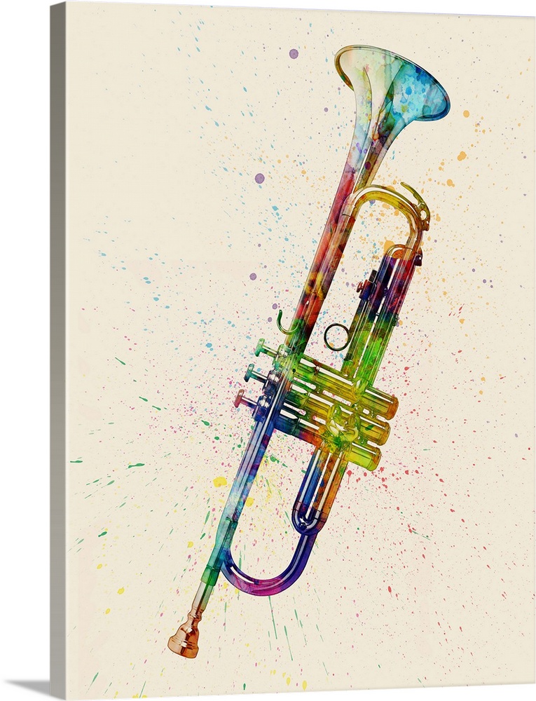 Contemporary artwork of a trumpet with bright colorful watercolor paint splatter all over it.