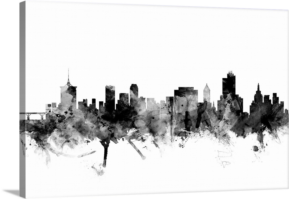 Contemporary artwork of the Tulsa city skyline in black watercolor paint splashes.