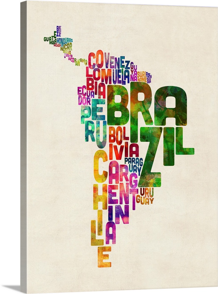 A typographic text map of Central and South America in an urban watercolor style. Each country is represented by its name,...