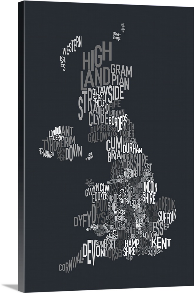 UK Map make up of County names - grayscale