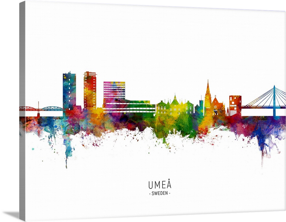 Watercolor art print of the skyline of Umea, Sweden (Sverige)
