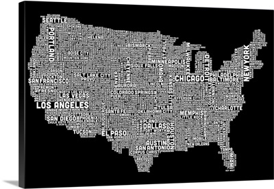 United States Cities Text Map, Black and White