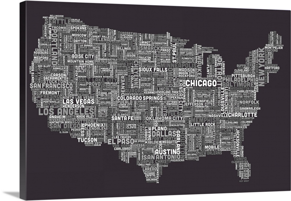 United States Cities Text Map, Grey