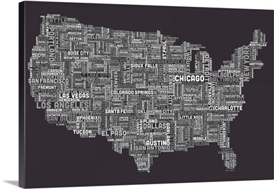 United States Cities Text Map, Grey