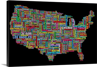 United States Cities Text Map, Multicolor on Black