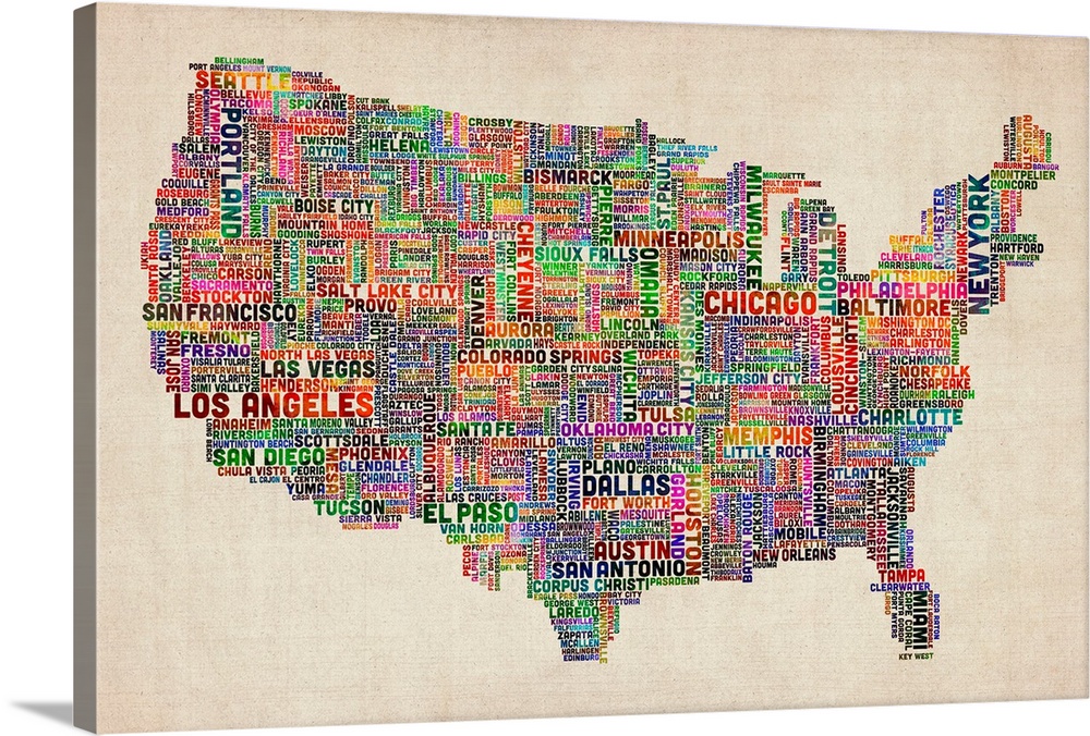 Colorful map of America constructed using the names of each U.S. city.