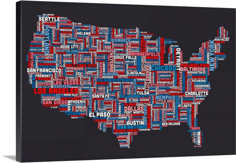 United States Cities Text Map, US Colors on Grey Wall Art, Canvas