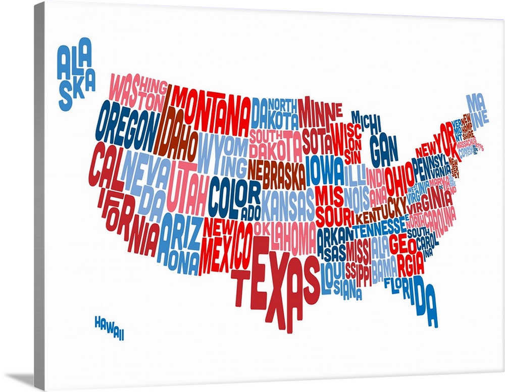 Contemporary piece of artwork of a map of the United States made up of the names of the states.