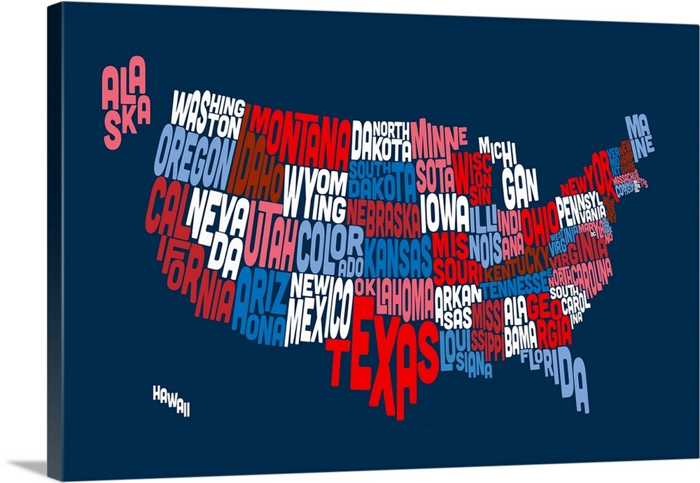 United States Typography Text Map, Red White and Blue Wall Art, Canvas