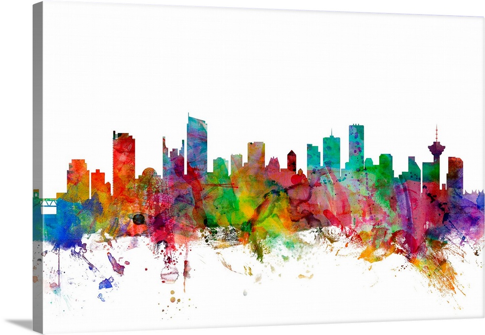 Watercolor artwork of the Vancouver skyline against a white background.