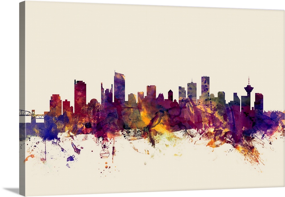 Watercolor art print of the skyline of the city of Vancouver, British Columbia, Canada.