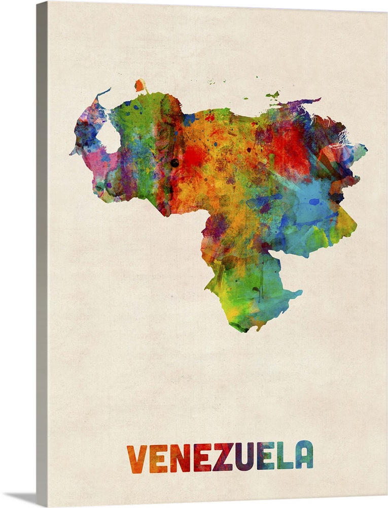 Watercolor art map of the country Venezuela against a weathered beige background.