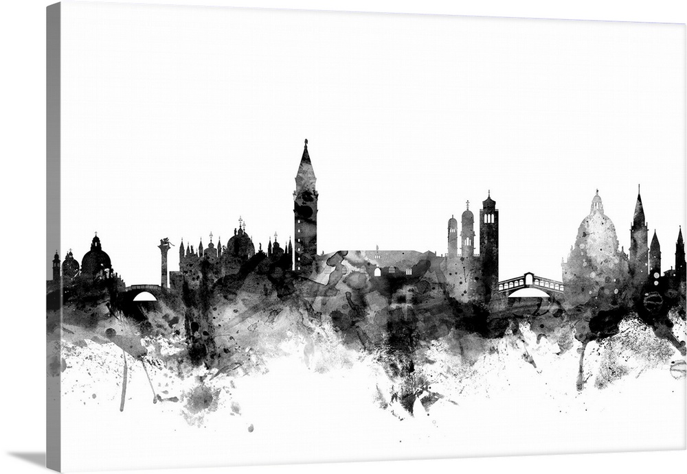 Contemporary artwork of the Venice city skyline in black watercolor paint splashes.