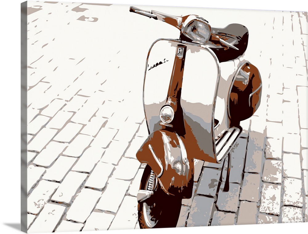 Retro artwork of a Vespa scooter that stands alone on white brick.