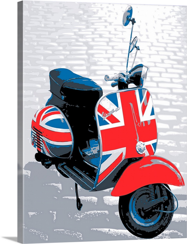 Vespa Scooter on Cobble Street, Mod style design with British flag. Pop Art Print.