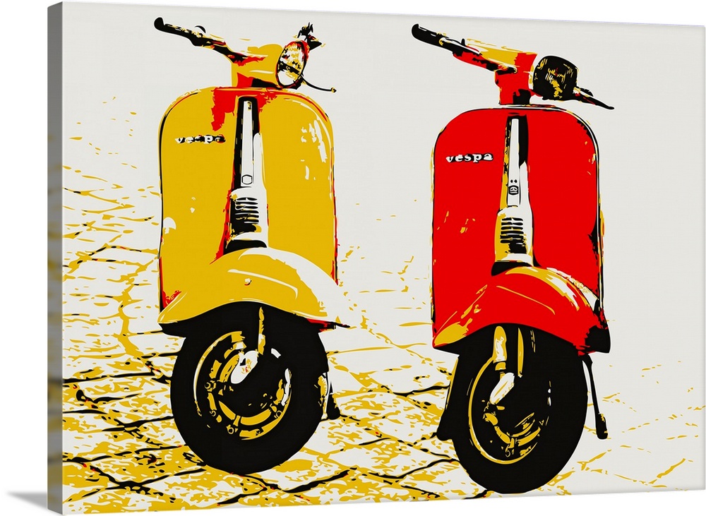 Contemporary artwork of two mopeds on brick paved street.