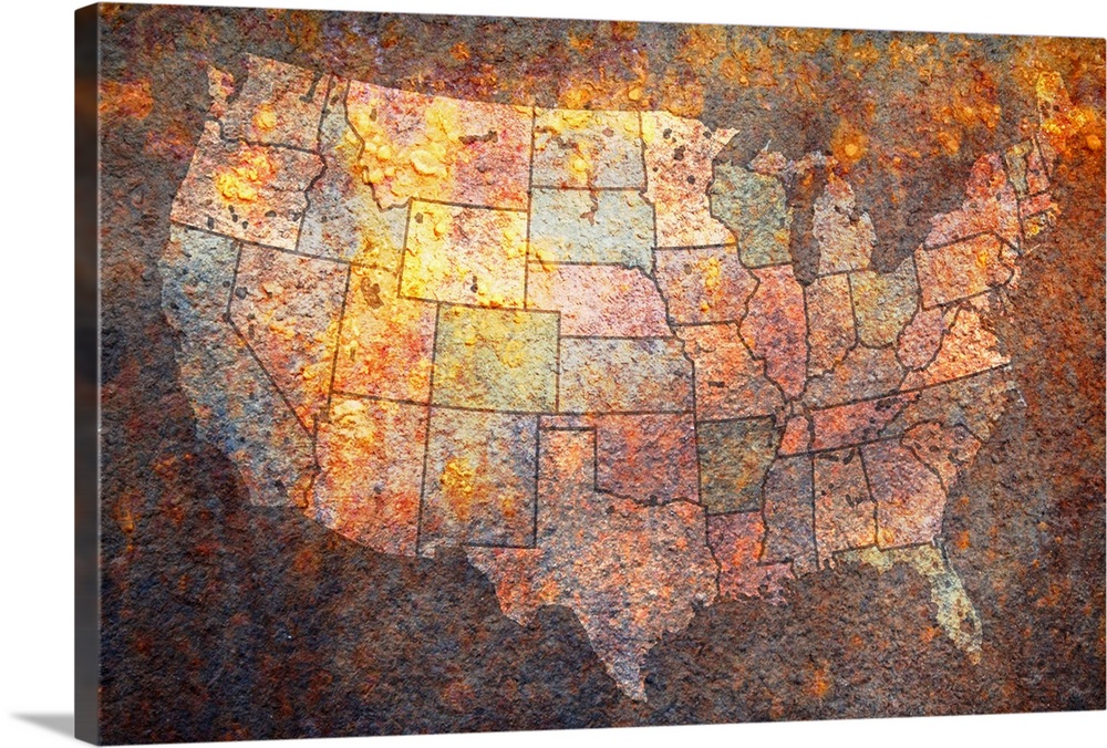 Grungy canvas of a map of the United States of America with the states painted various colors.