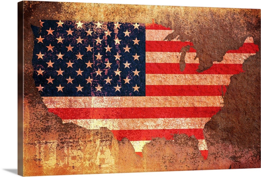 Big illustration depicts a map of the United States filled in with an American flag and text below.  The entire piece has ...