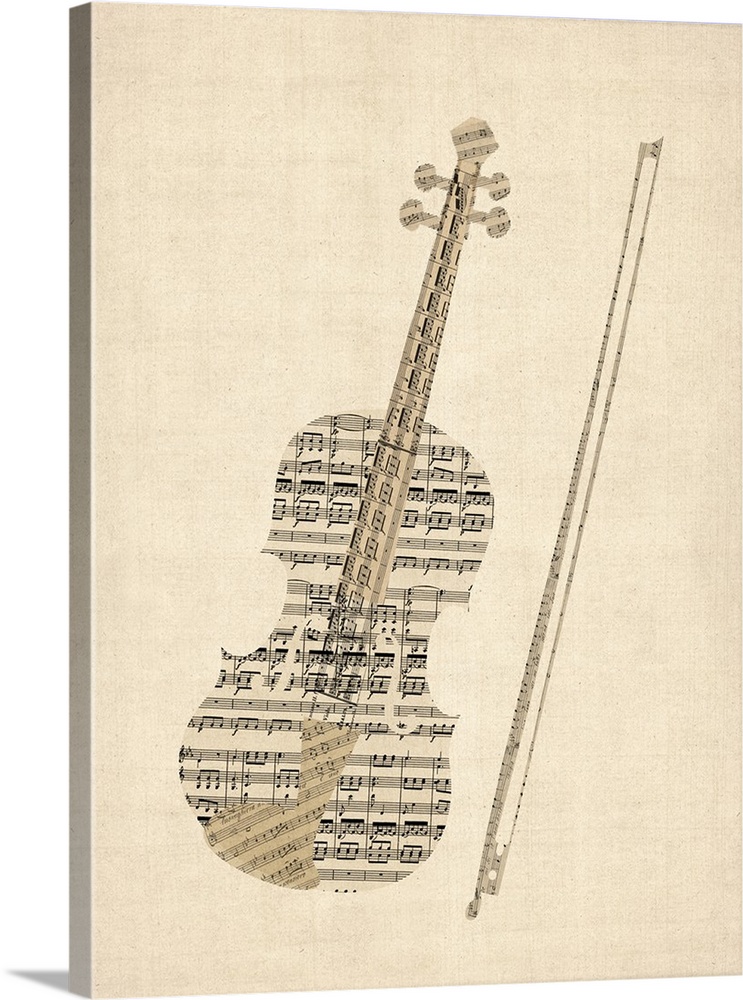 A violin created from a collage of old sheet music on a vintage background