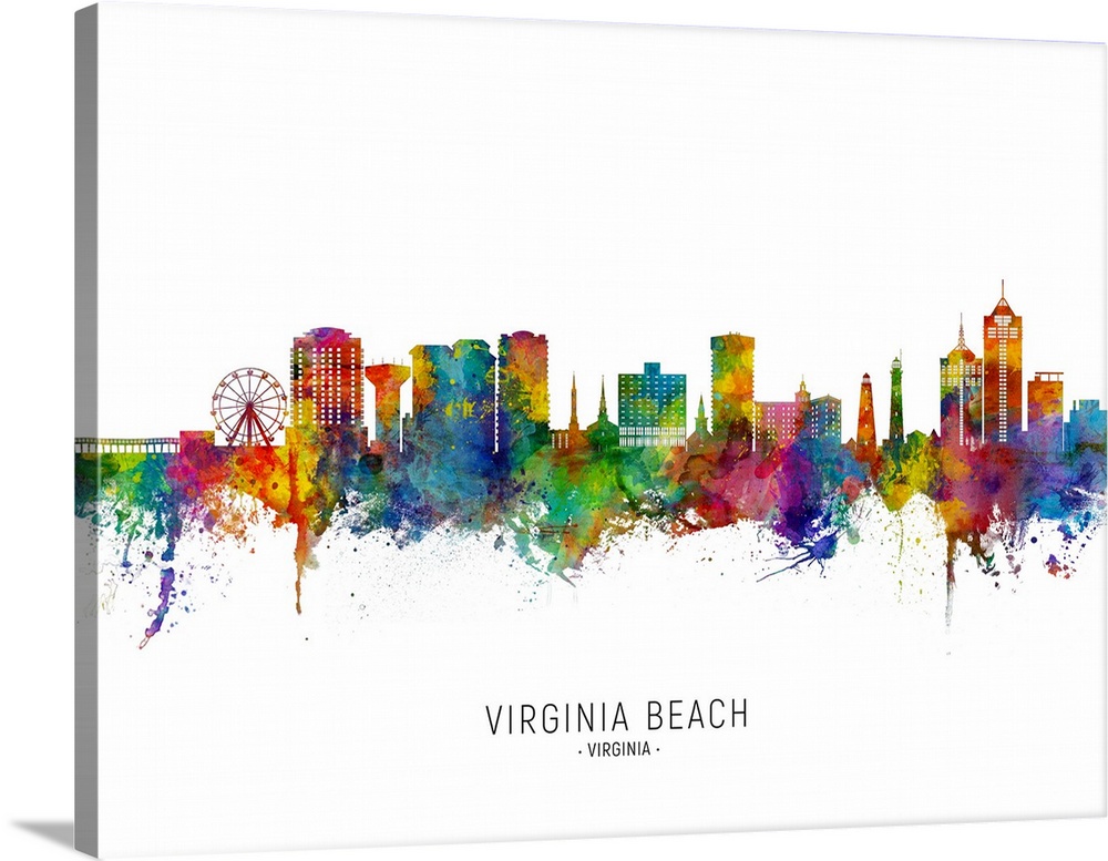 Watercolor art print of the skyline of Virginia Beach, Virginia