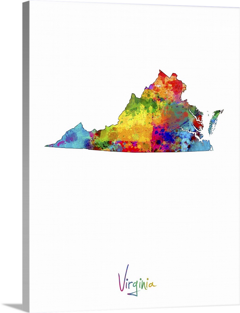 Contemporary artwork of a map of Virginia made of colorful paint splashes.