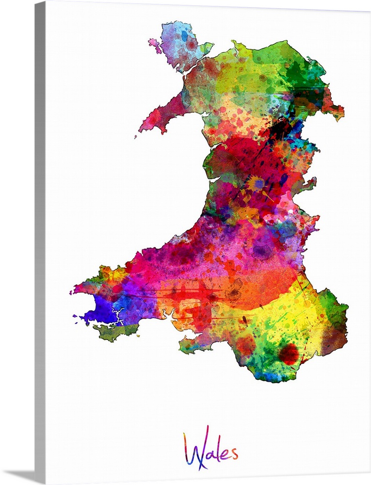 Watercolor art map of the country Wales against a white background.