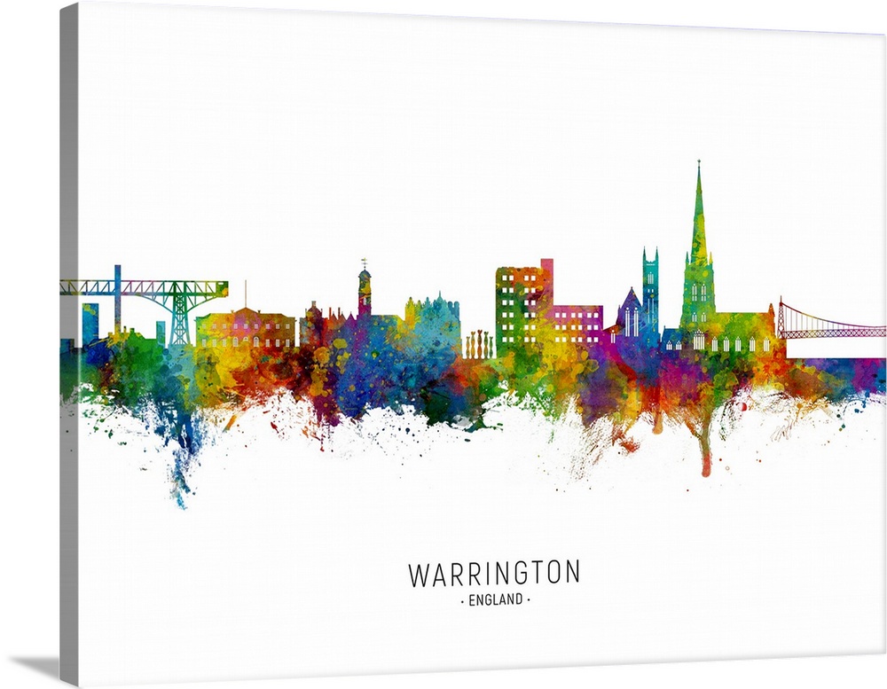 Watercolor art print of the skyline of Warrington, England, United Kingdom