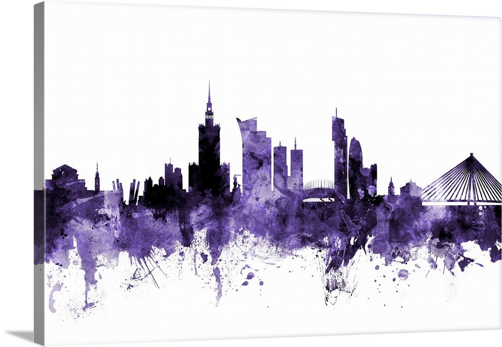 Watercolor art print of the skyline of Warsaw, Poland