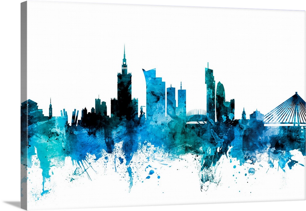 Watercolor art print of the skyline of Warsaw, Poland.