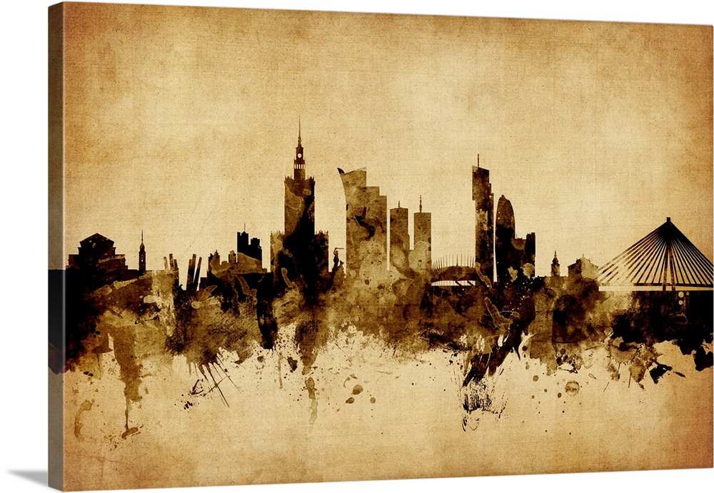 Watercolor art print of the skyline of Warsaw, Poland.