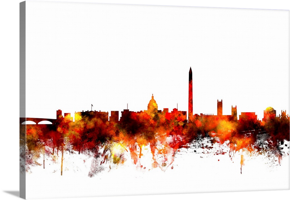 Contemporary piece of artwork of the Washington DC skyline made of colorful paint splashes.