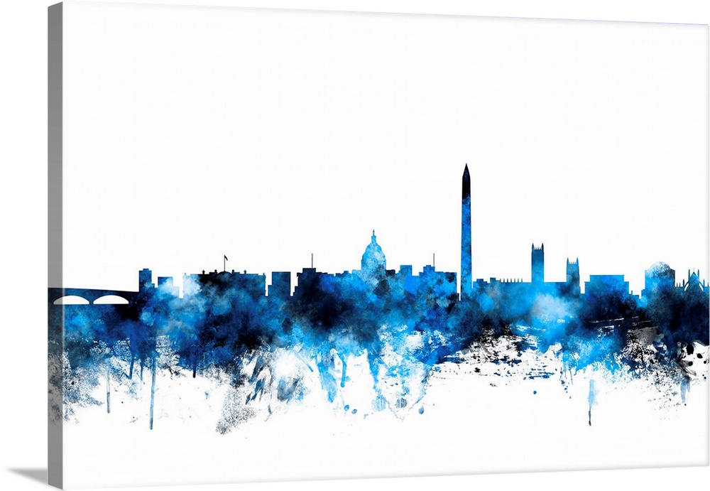 Contemporary piece of artwork of the Washington DC skyline made of colorful paint splashes.