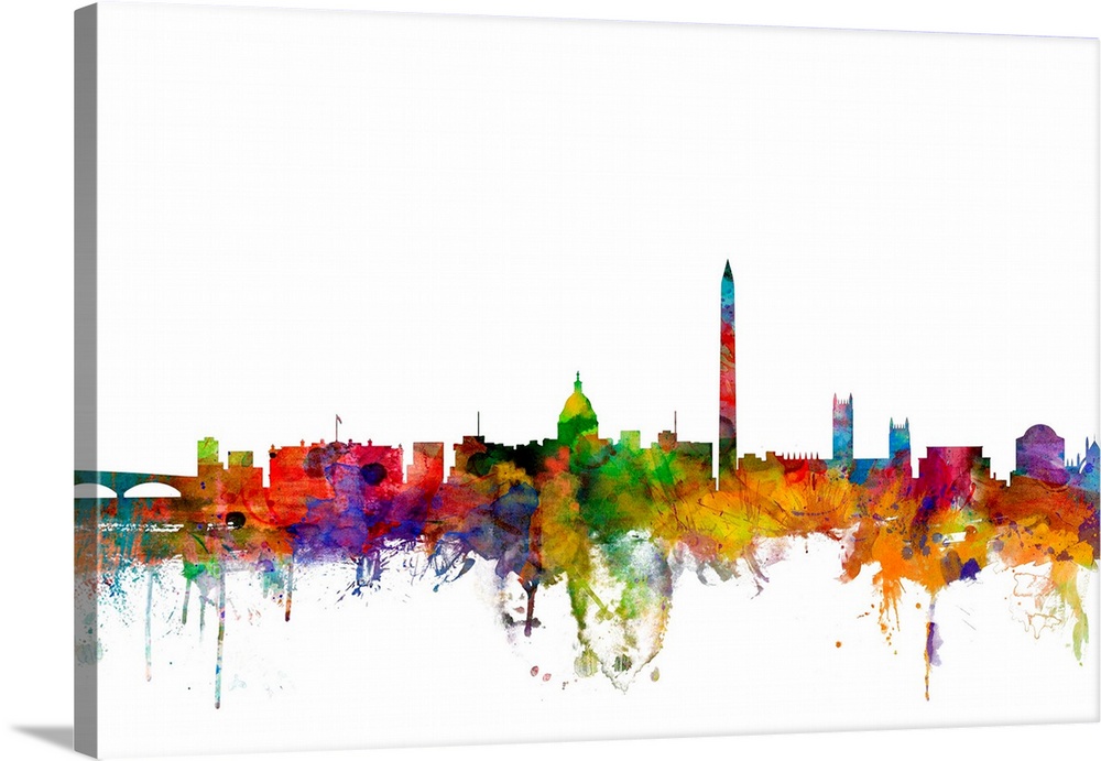 Watercolor artwork of the Washington DC skyline against a white background.