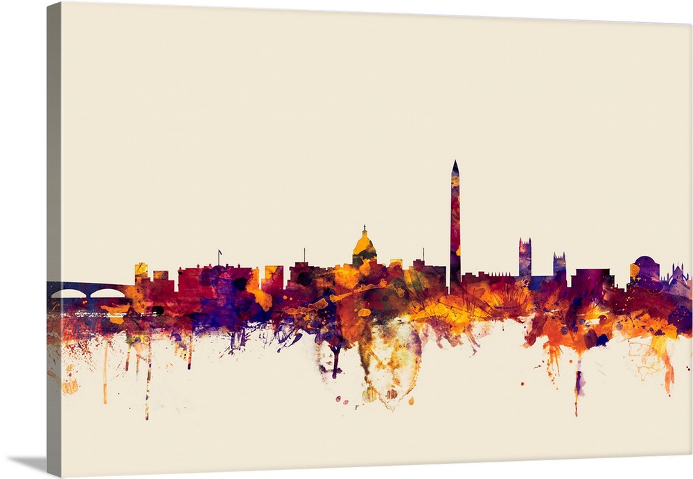 Watercolor artwork of the Washington skyline against a beige background.