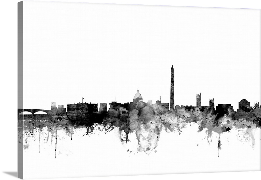Contemporary artwork of the Washington DC city skyline in black watercolor paint splashes.