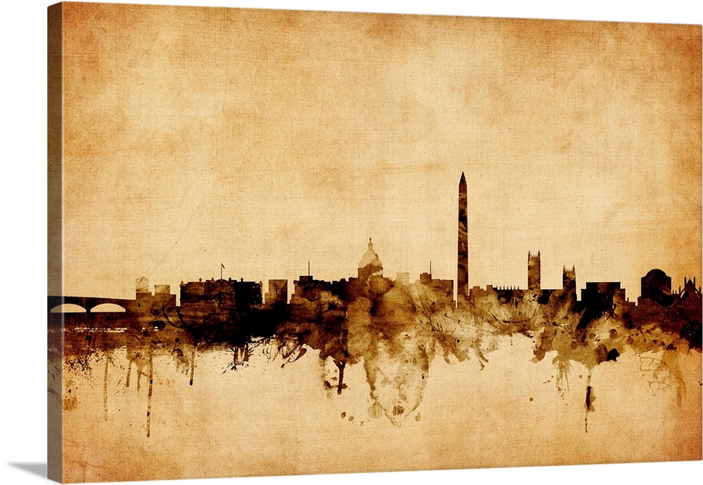 Contemporary artwork of the Washington DC city skyline in a vintage distressed look.