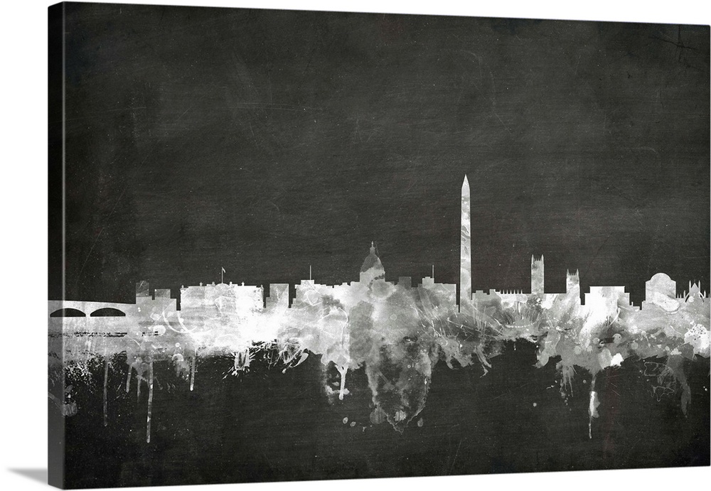 Smokey dark watercolor silhouette of the Washington DCcity skyline against chalkboard background.