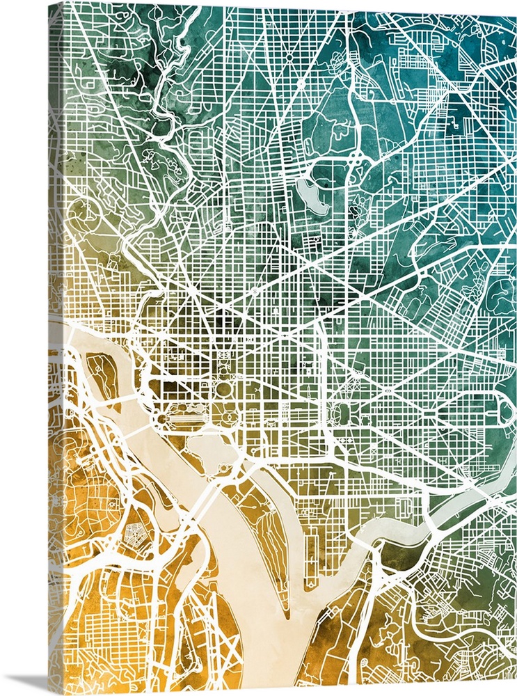 Watercolor street map of Washington DC, United States