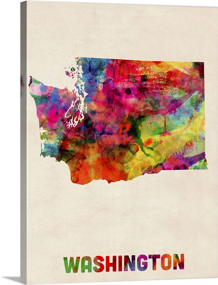Contemporary piece of artwork of a map of Washington made up of watercolor splashes.