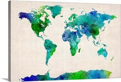 Watercolor Map of the World, Green and Blue