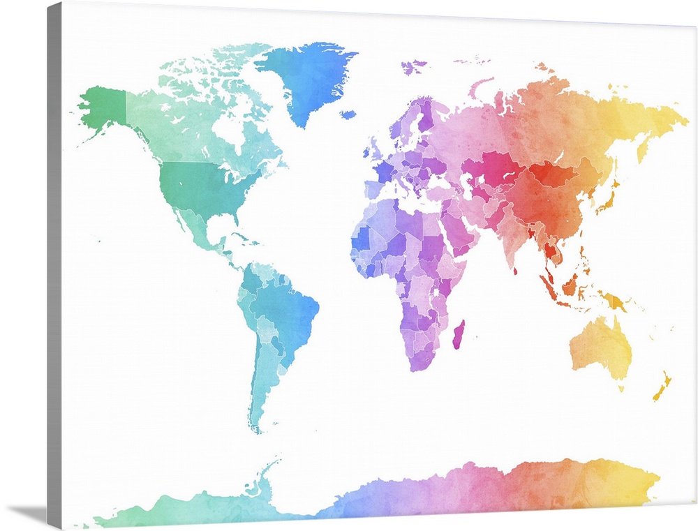 Watercolor art world map against a white background.