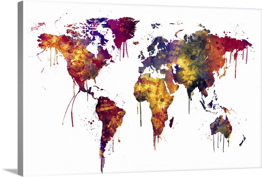 A bright and colorful watercolor world map.