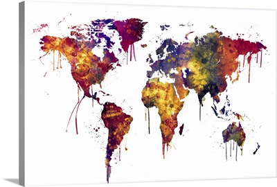 Watercolor Map of the World, Red and Yellow on White