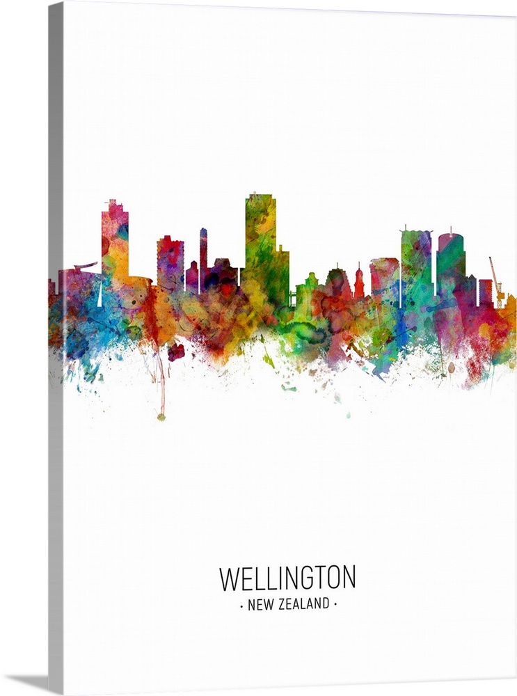 Watercolor art print of the skyline of Wellington, New Zealand