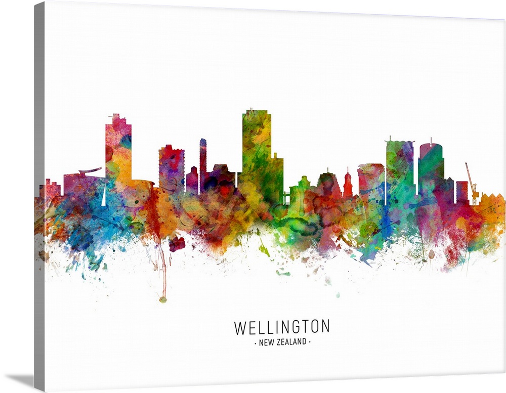 Watercolor art print of the skyline of Wellington, New Zealand.