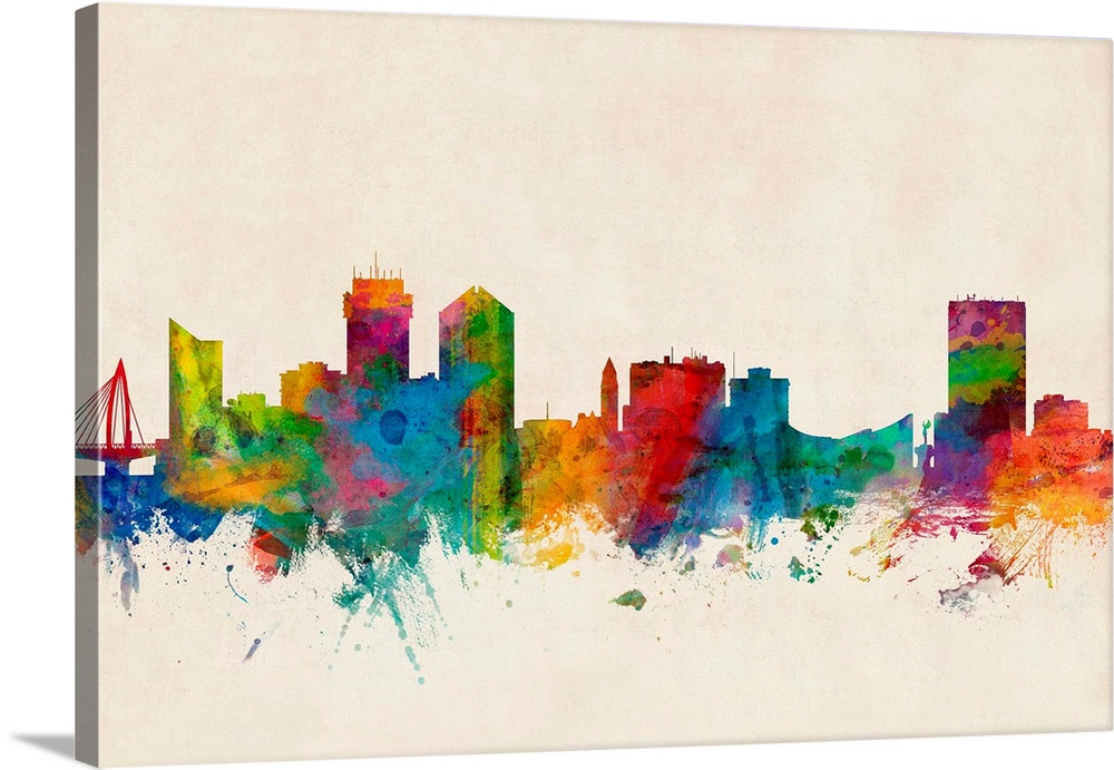 Contemporary piece of artwork of the Wichita skyline made of colorful paint splashes.